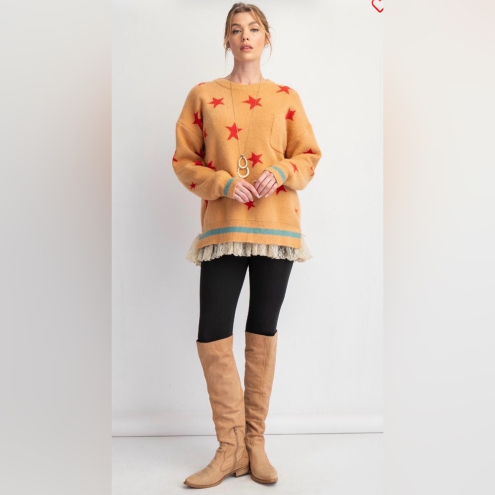 Easel Mustard Sweater with Red Stars - Picture 2 of 3